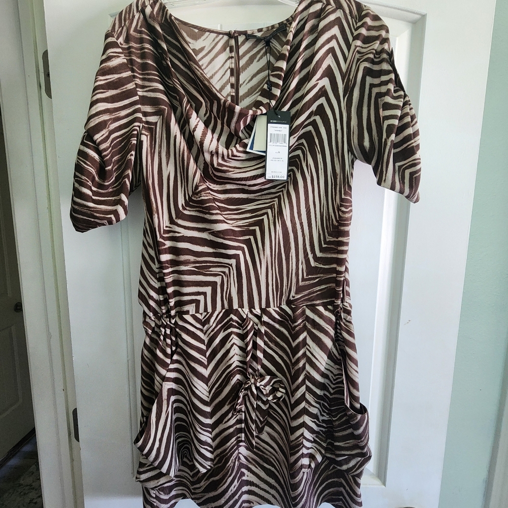 BCBGMAXAZRIA "Ayshea" Cowlneck Animal Print Blouson Tie Waist Dress Brown Sz M - Picture 3 of 9